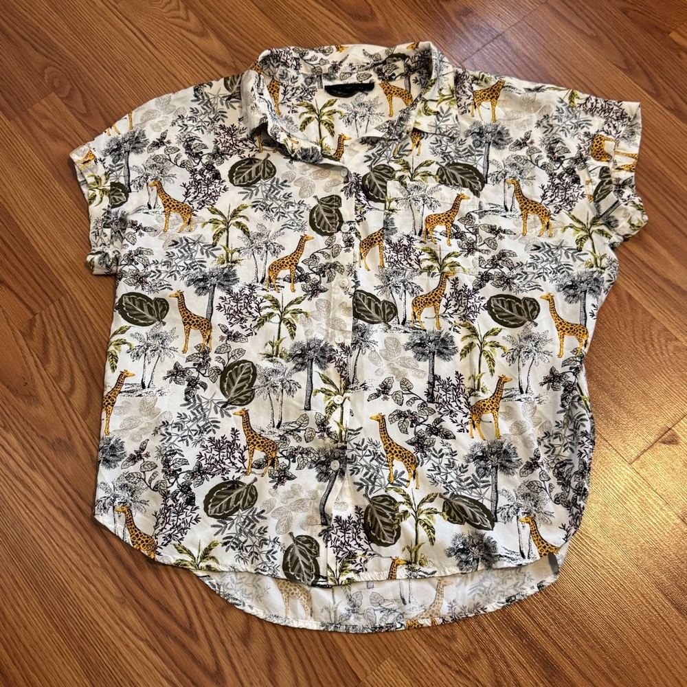 Jane Delancey Safari Giraffe Print Button-Up Top S/L Retro‎ Tropical Resort